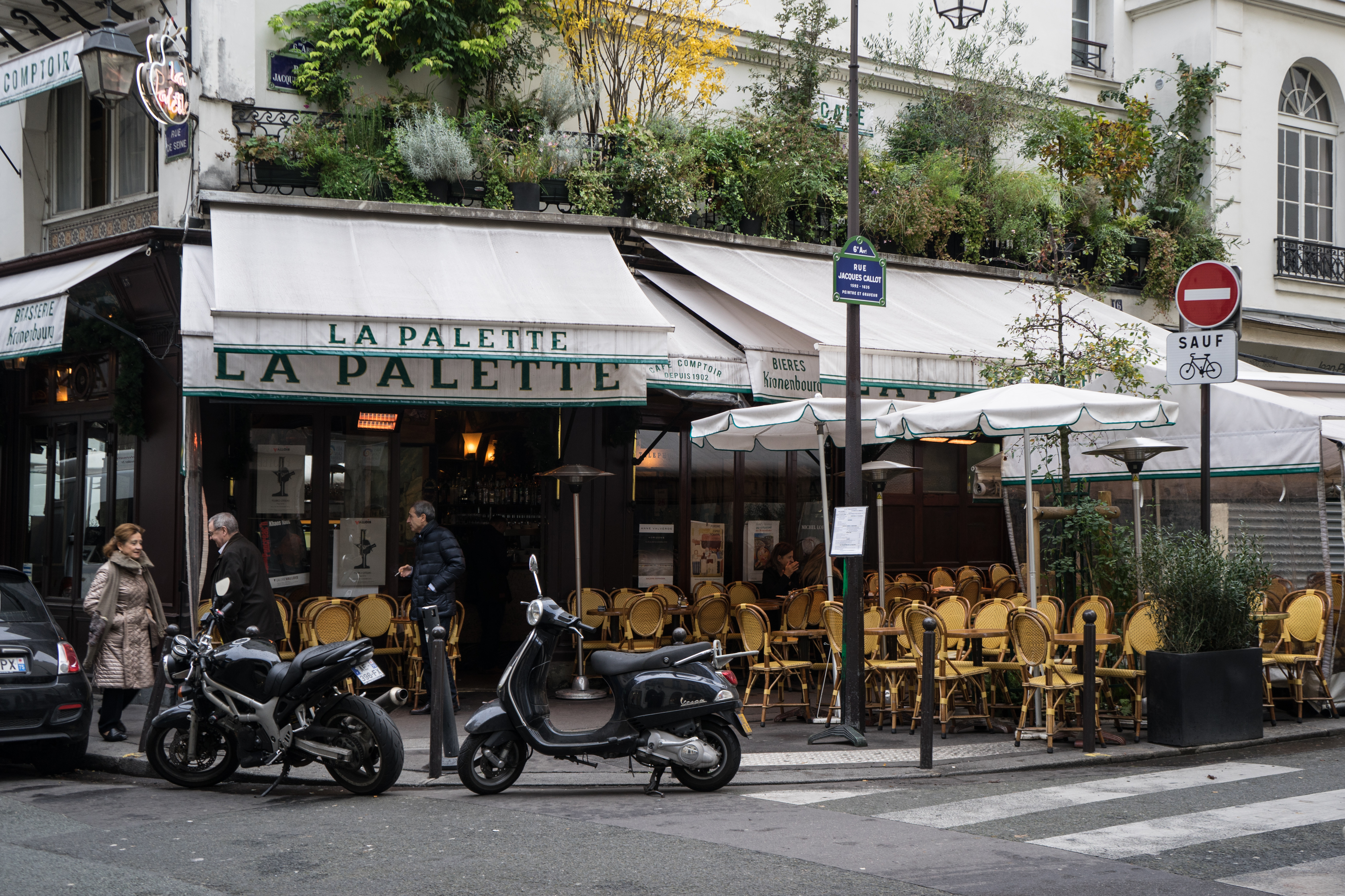 Classic Parisian terrace of La Palette with greenery. Parisian cafés