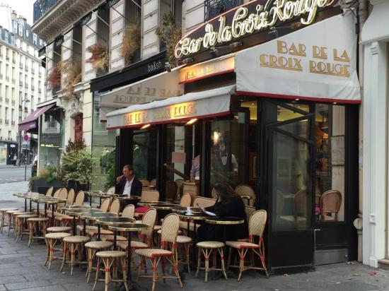 The terrace of Bar de la Croix Rouge with retro charm. Parisian cafés