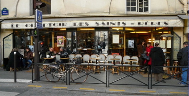Cozy and lively terrace at Le Comptoir des Saints-Pères. Parisian cafés