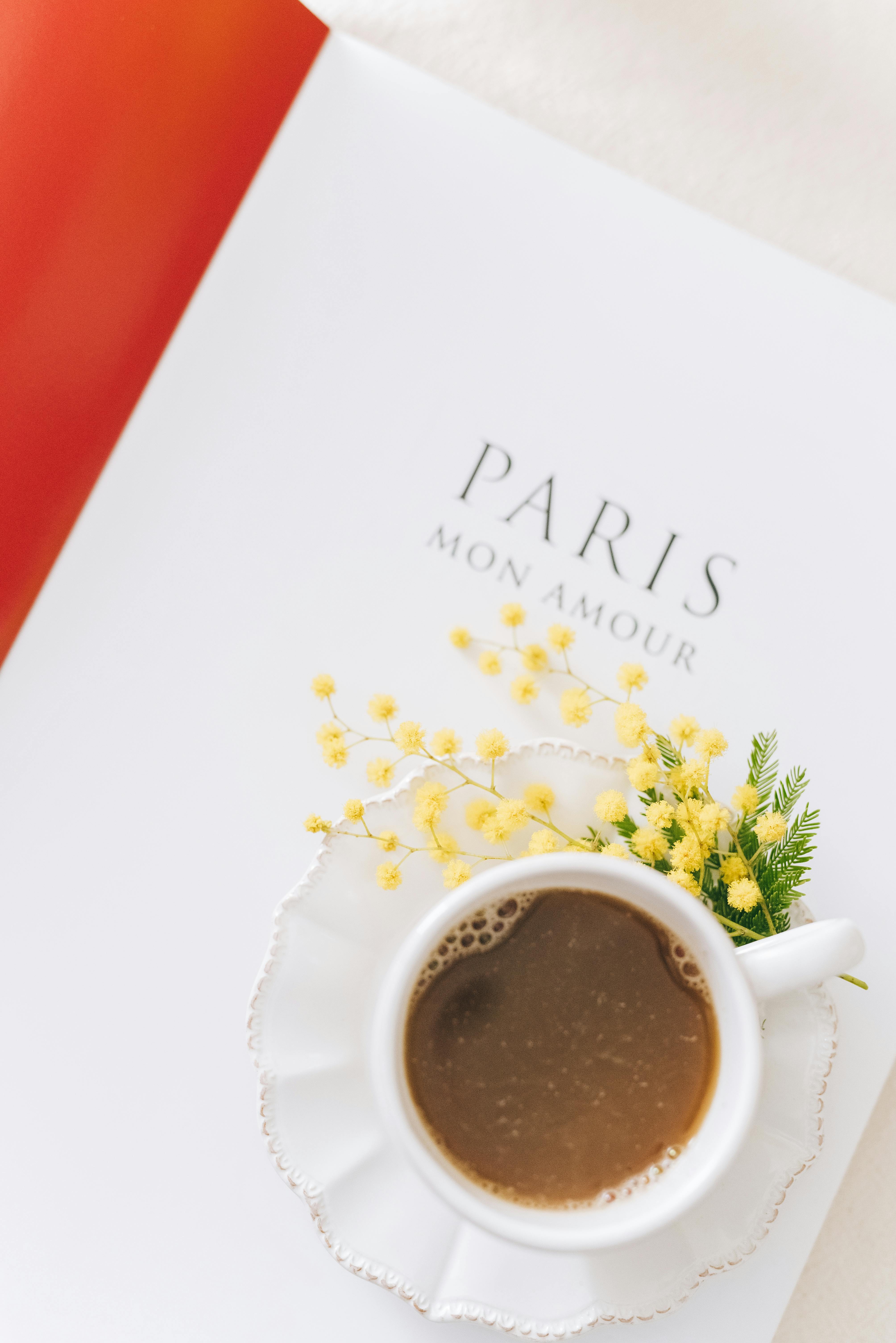 A coffee cup with a Paris Mon Amour book and yellow flowers, evoking romance.