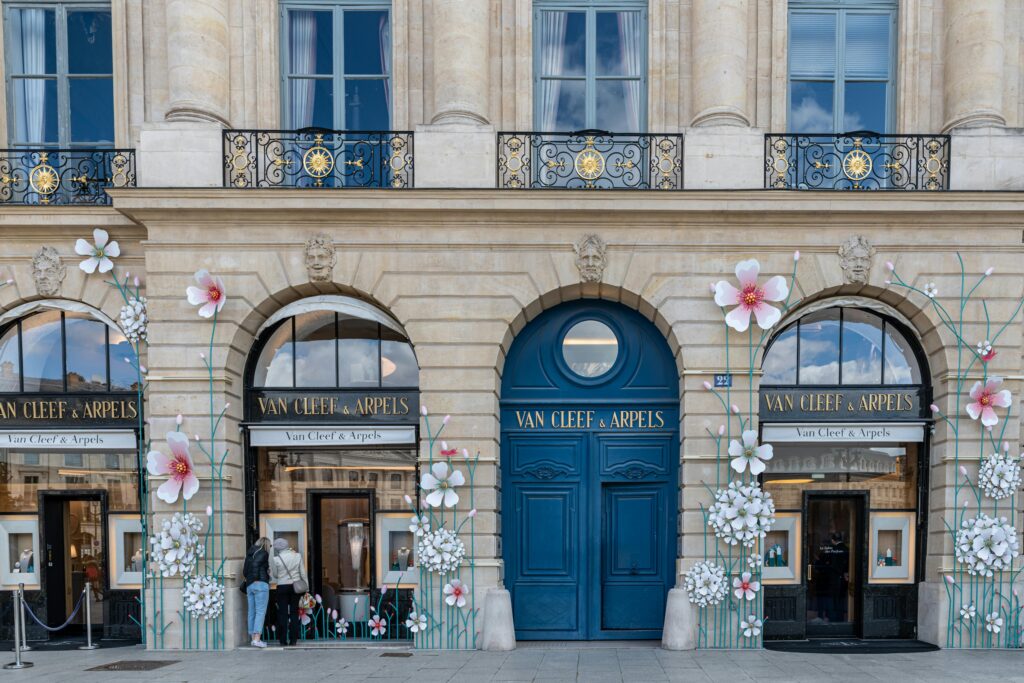 The Van Cleef & Arpels boutique on Place Vendôme in Paris, an iconic destination for fine jewelry. What to buy in Paris.