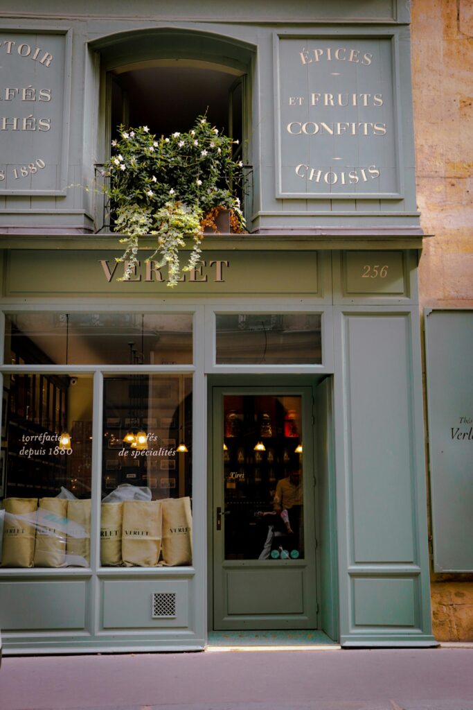 The entrance of Verlet, one of Paris' oldest specialty coffee and tea houses, located in the 1st arrondissement. What to buy in Paris.