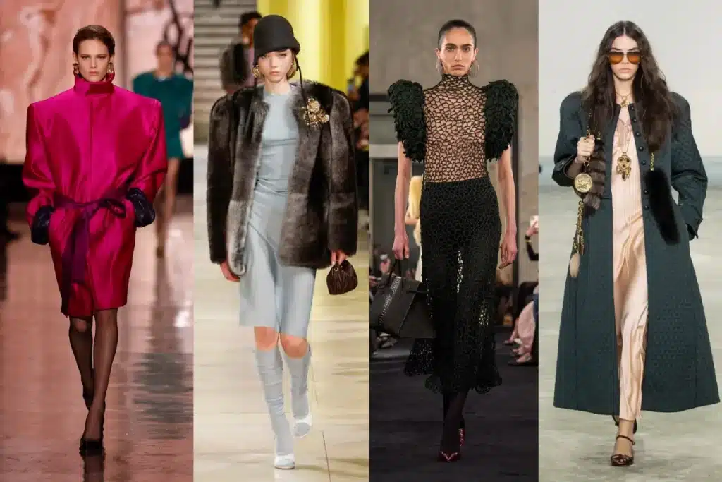Runway models showcasing standout looks from Fall/Winter 2025 Paris Fashion Week, featuring bold outerwear, structured silhouettes, and rich textures.