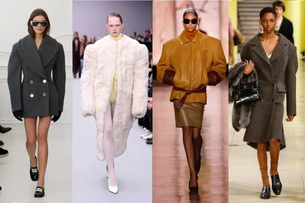 Models showcasing oversized coats and dramatic outerwear at Paris Fashion Week Fall/Winter 2025.