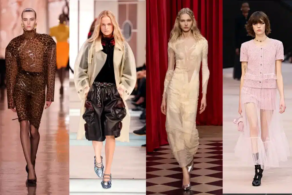 Models walking the runway in sheer fabrics, delicate lace, and transparent layers from Fall/Winter 2025 collections.