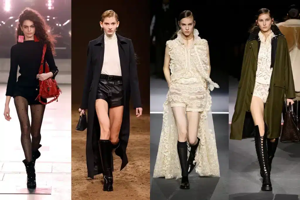 Runway models styled in knee-high boots paired with tailored shorts at Paris Fashion Week Fall/Winter 2025.