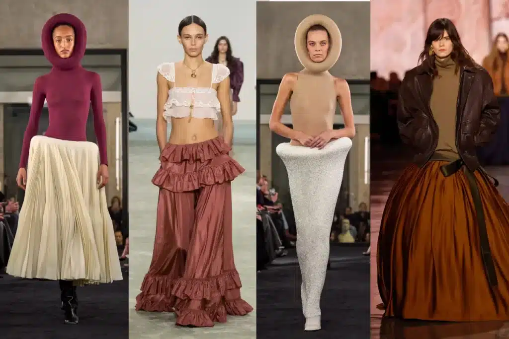 Models wearing voluminous skirts and bubble silhouettes on the runway during Paris Fashion Week Fall/Winter 2025.