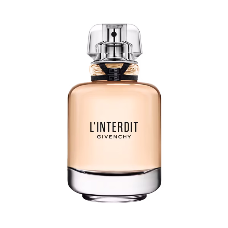 Givenchy L’Interdit perfume bottle with black ribbon detail, representing one of the classic French perfume brands.