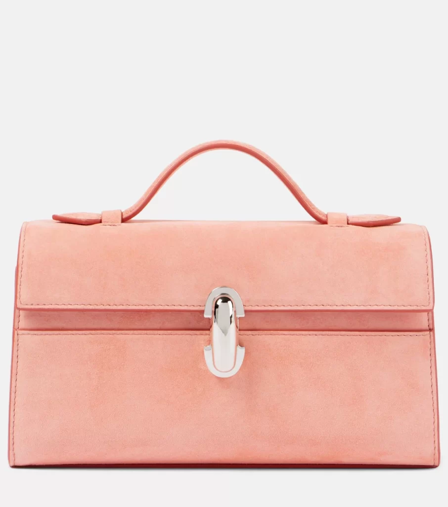 Savette Symmetry tote in pale pink suede, one of the standout bag trends for 2025
