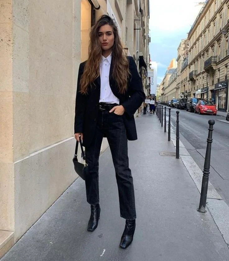What to wear in Paris in the spring – high-waisted jeans styled with a white shirt and blazer.