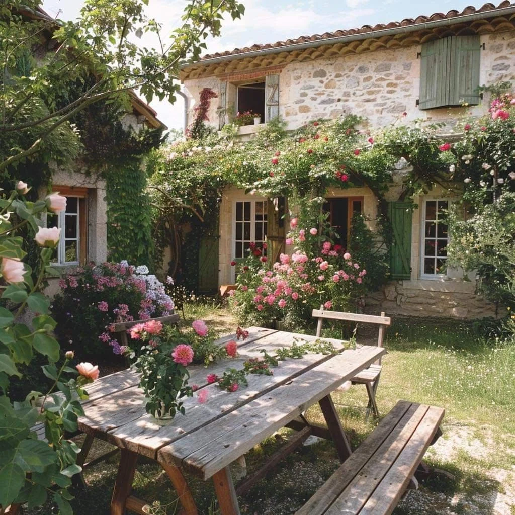 Rustic French country table surrounded by blooming roses for Easter in France