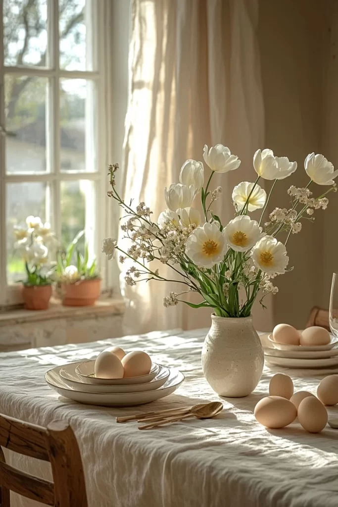 Easter table with white tulips, fresh eggs, and layered ceramic plates in natural light