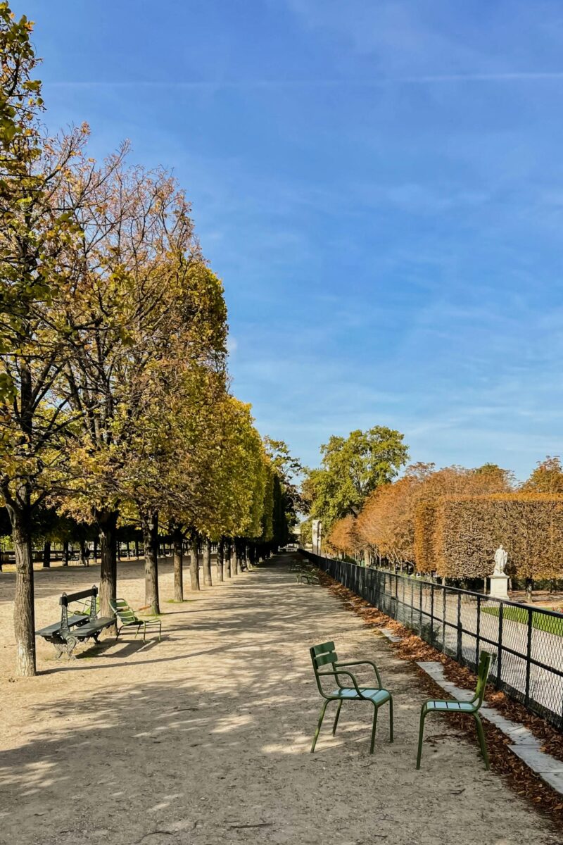 Green chairs lining the tree-lined gravel paths of the Tuileries Garden in Paris