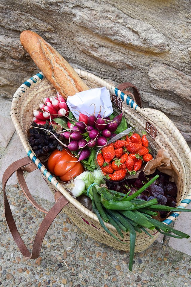 Fresh produce and baguette in a French market basket showing how to eat like a French woman.