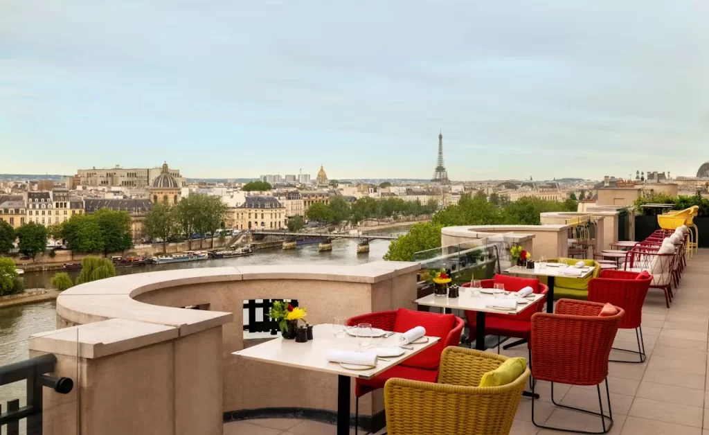 Elegant rooftop bar at Cheval Blanc with Eiffel Tower views
