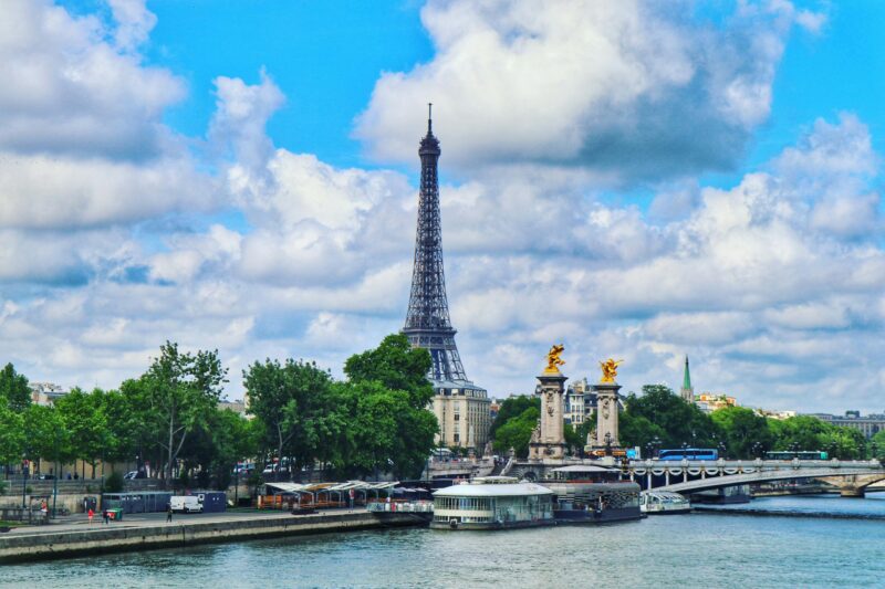 Pont Alexandre III viewed from the Seine with Eiffel Tower rising behind