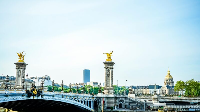 Wide view of Pont Alexandre III with golden statues and the dome of Les Invalides and La Tour Montparnasse behind