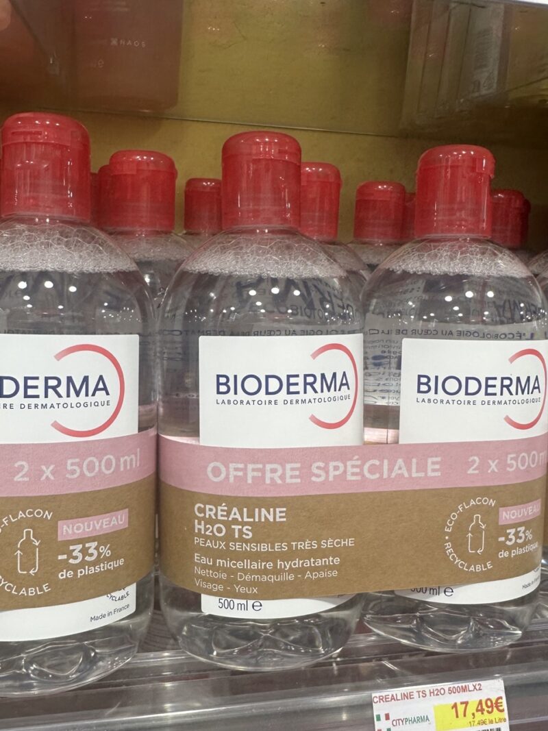 Shelf of Bioderma and Nuxe micellar water products at Citypharma Paris