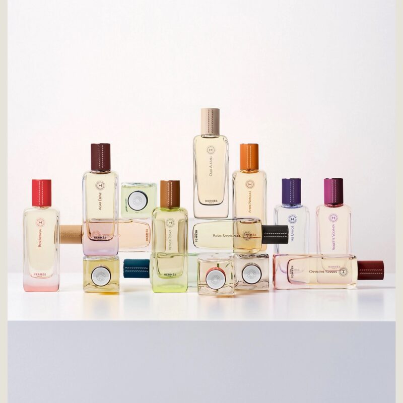 Hermès perfume bottles in various colors from the French perfume collection