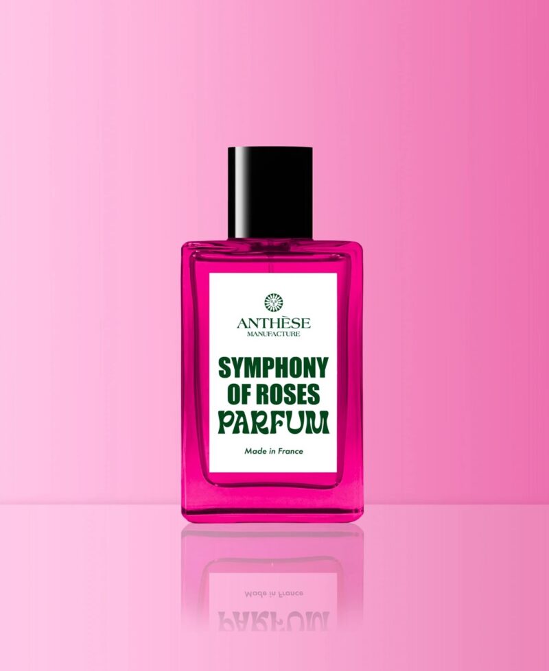 Bright pink bottle of Anthèse Symphony of Roses, a bold French non-toxic perfume made in France