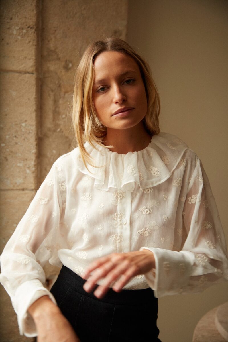 Close-up of Maison Guillemette's Rosalia white blouse, a chic brand like Sézane