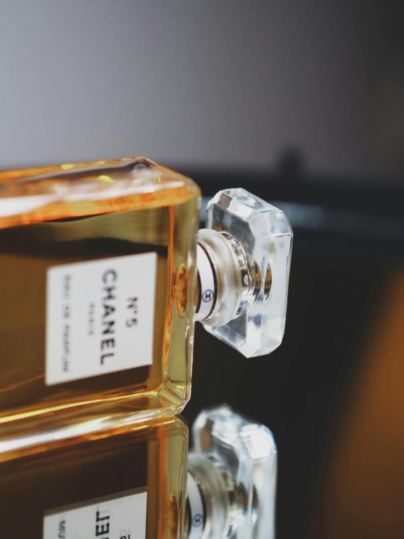 Close-up of the iconic Chanel No. 5 bottle, a milestone in the history of perfume.