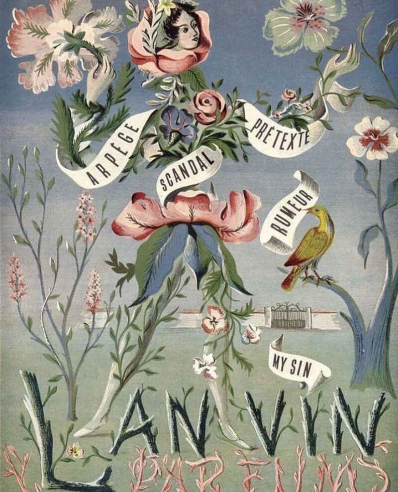 Vintage perfume illustration with flowers and ribbons, evoking the Art deco era in the history of perfume.