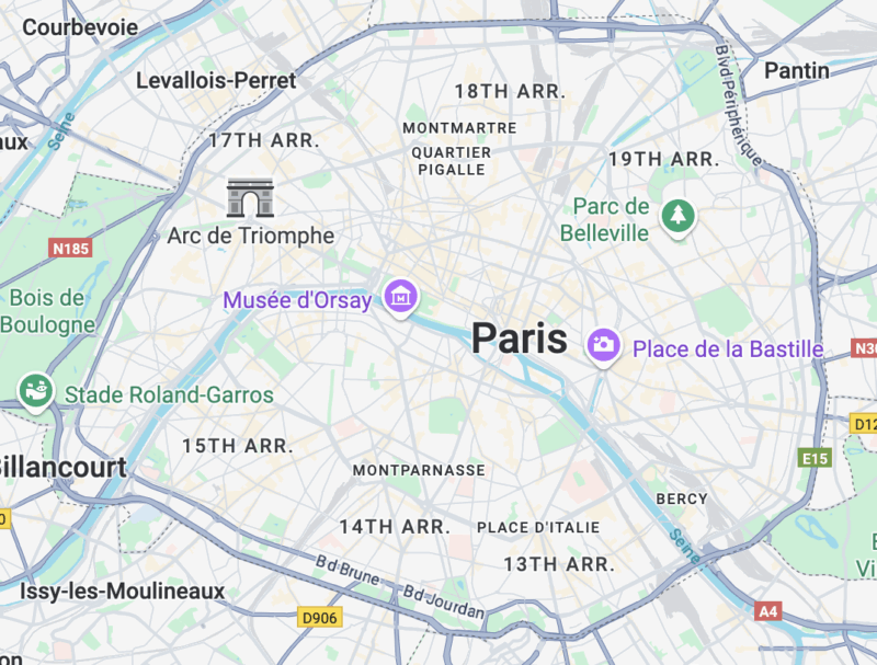 Map of Paris showing its spiral-shaped arrondissement layout