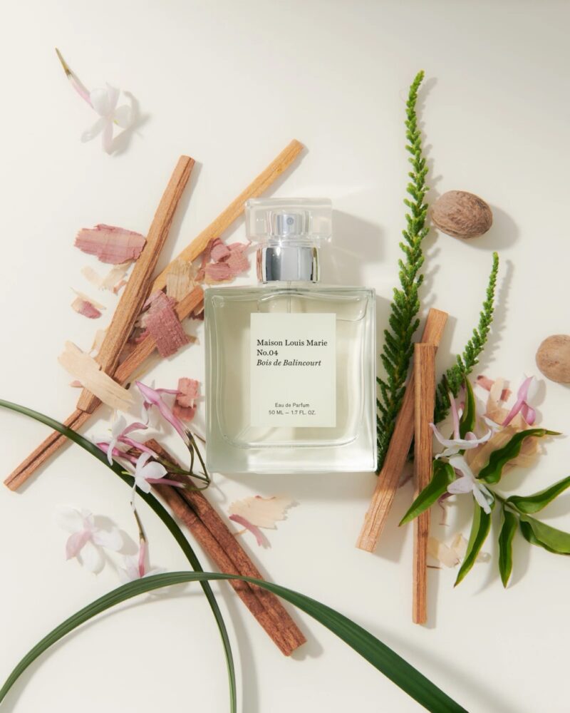 A perfume bottle surrounded by cinnamon sticks, greens, and florals representing top, heart, and base notes in fragrance by notes