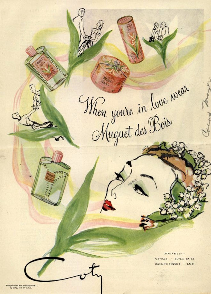 A vintage floral illustration styled as an ad that evokes French elegance and the concept of fragrance by notes