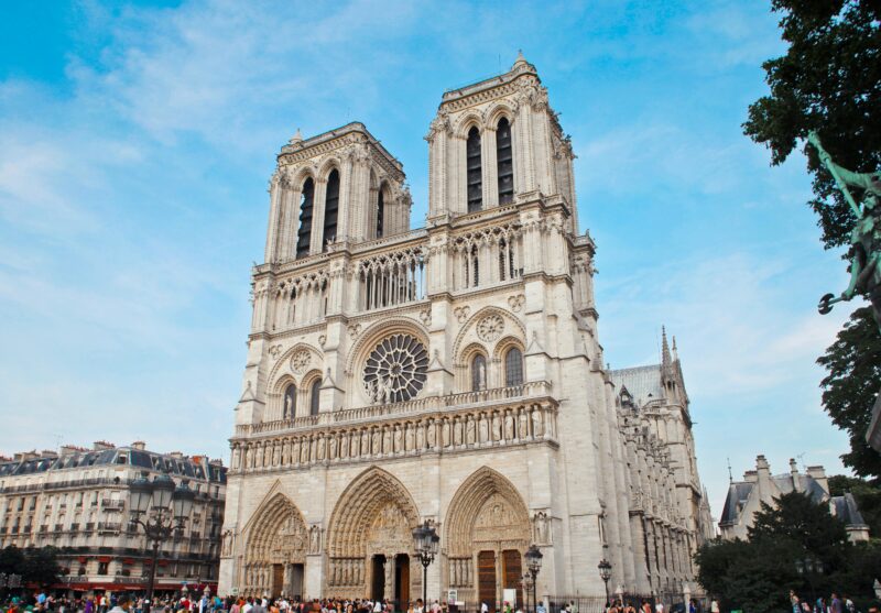 Notre-Dame Cathedral in Paris with crowds at the entrance