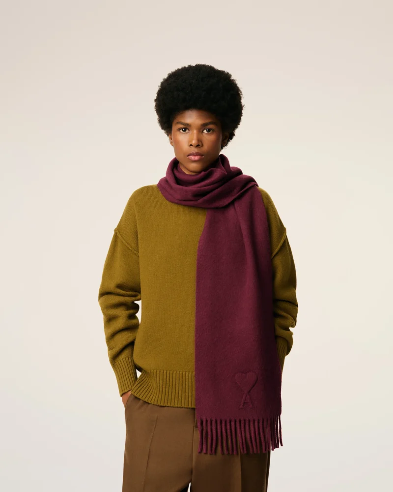 Burgundy French scarf by Ami Paris with tone-on-tone Ami de Cœur and fringe.