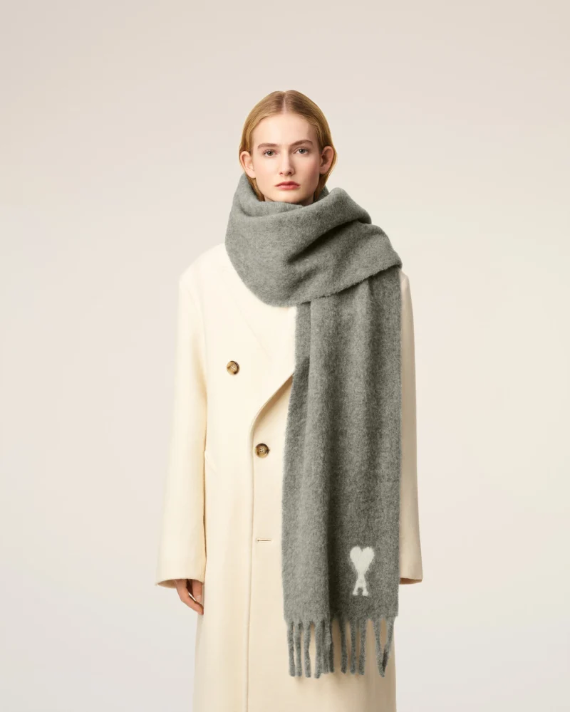 Grey mohair French scarf by Ami Paris with white Ami de Cœur motif and fringe.