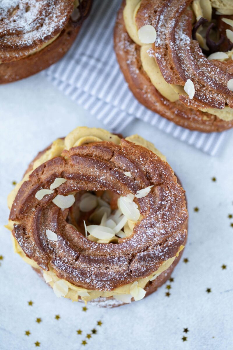 A box of Paris-Brest pastries filled with praline cream