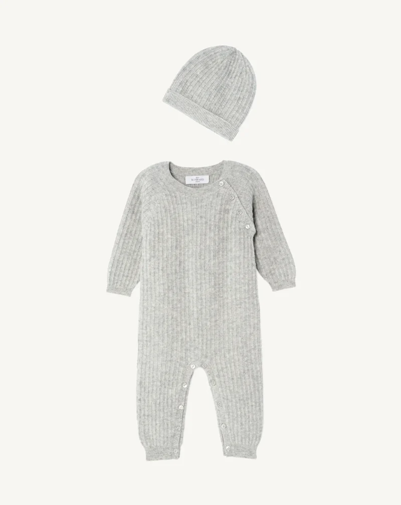 Grey ribbed cashmere baby jumpsuit with matching hat from Eric Bompard
