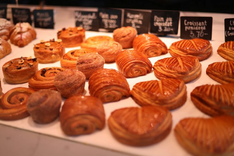 Close-up of a glazed cinnamon swirl pastry in France