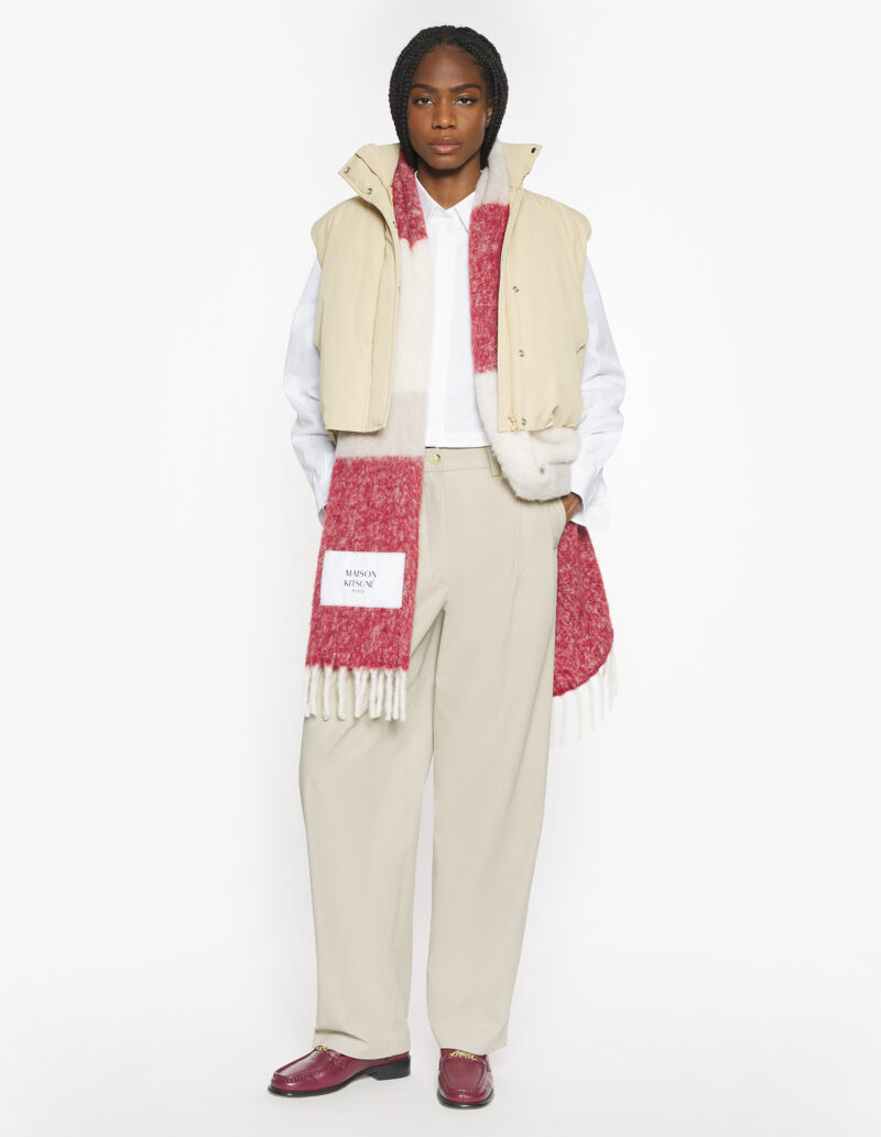 Red and white mohair French scarf by Maison Kitsuné with logo patch and fringe.