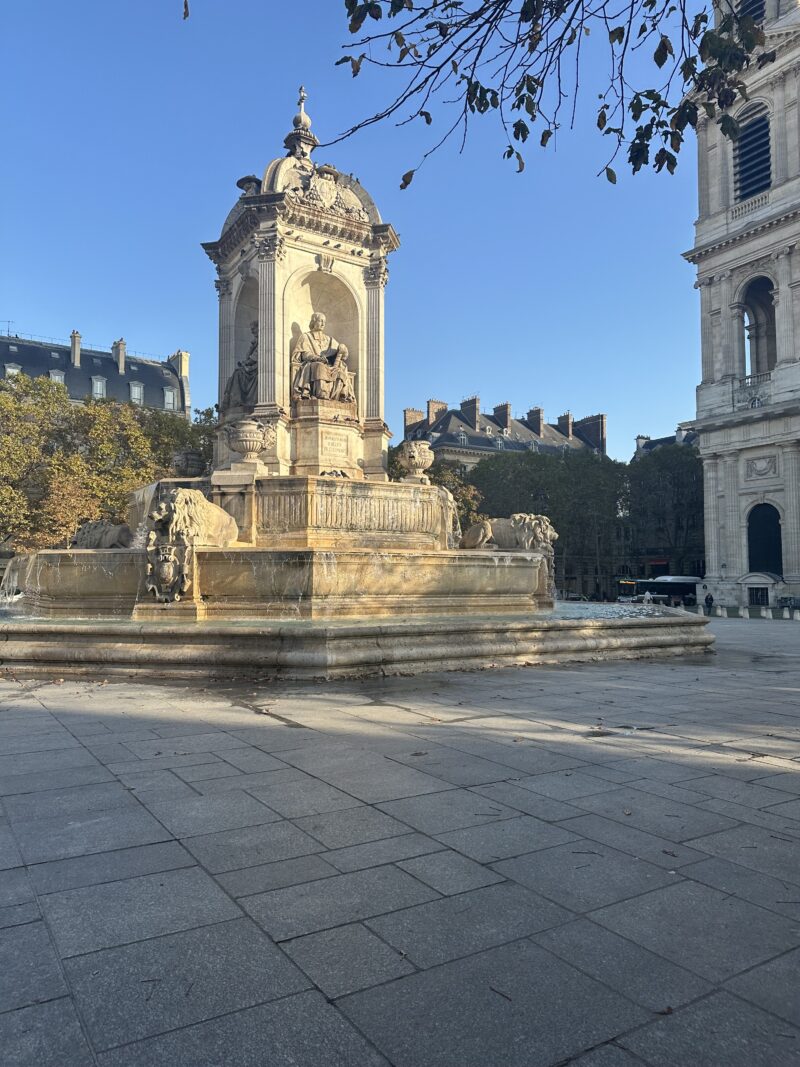 Historic fountain at Place Saint-Sulpice in Paris on a clear November day