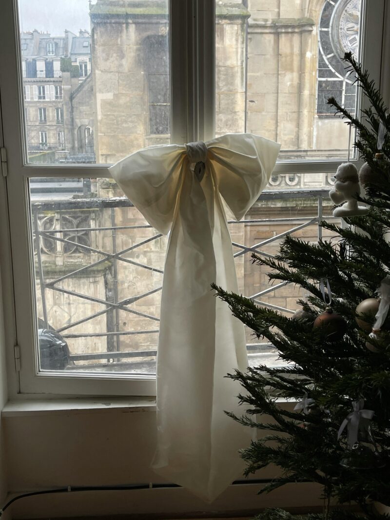 Paris apartment window with white bow and Christmas tree, overlooking historic buildings.