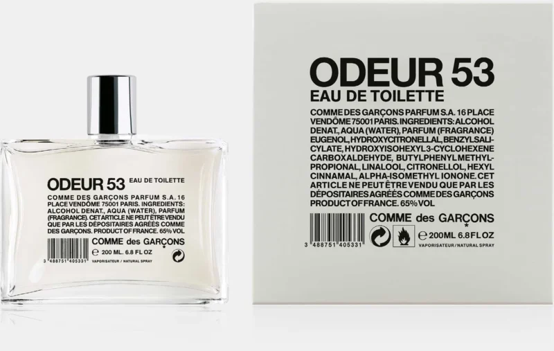 Comme des Garçons Odeur 53 perfume bottle and box minimalist design