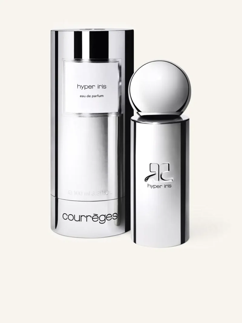 Courrèges Hyper Iris perfume bottle in chrome packaging