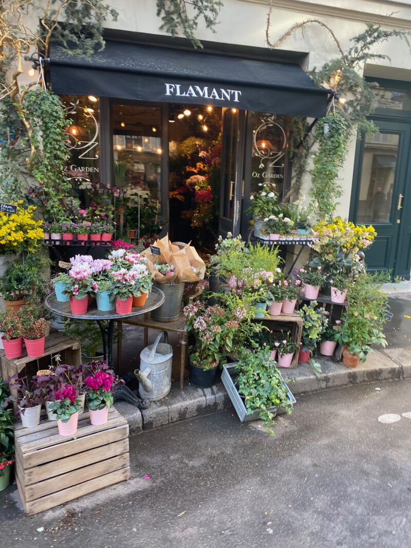 Flamant flower shop on the Place Furstenberg, Saint-Germain-des-Prés. A sunlit café terrace captures the relaxed, elegant rhythm of Saint-Germain mornings — the perfect mood for discovering Paris’s most atmospheric neighborhood.