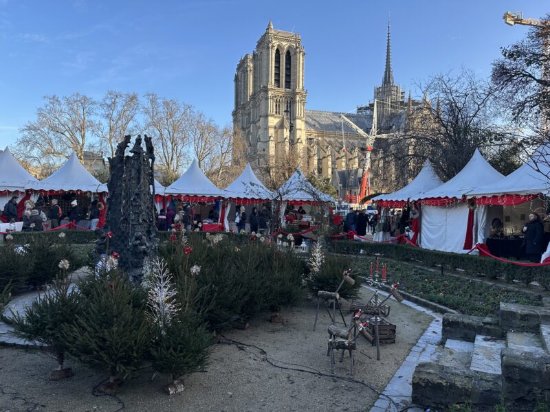 Christmas market near Notre-Dame Cathedral in Paris in December.