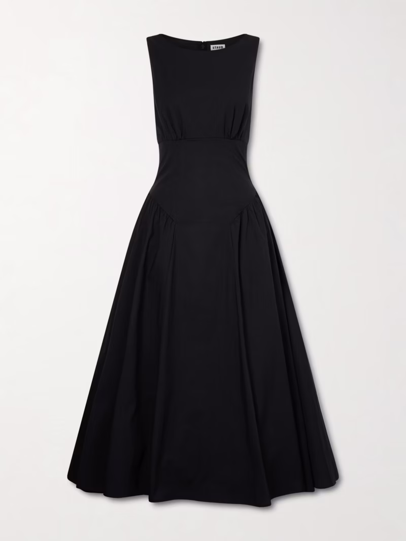 STAUD Gwen paneled pleated cotton-blend poplin midi dress